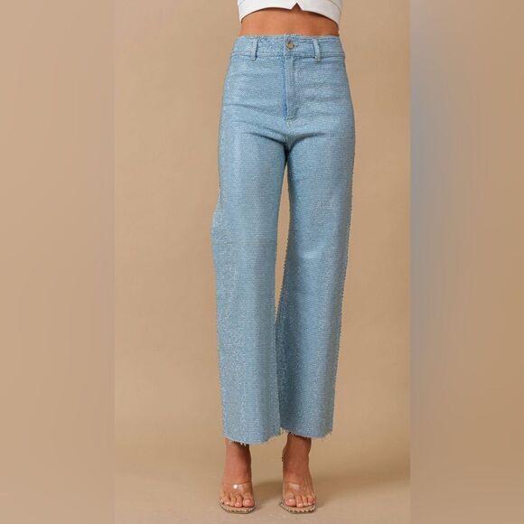 Garment Washed Denim All Over Studded MId Rise Sparkle Jeans - Picture 1 of 4